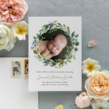 Load image into Gallery viewer, Greenery Wreath Birth Announcement