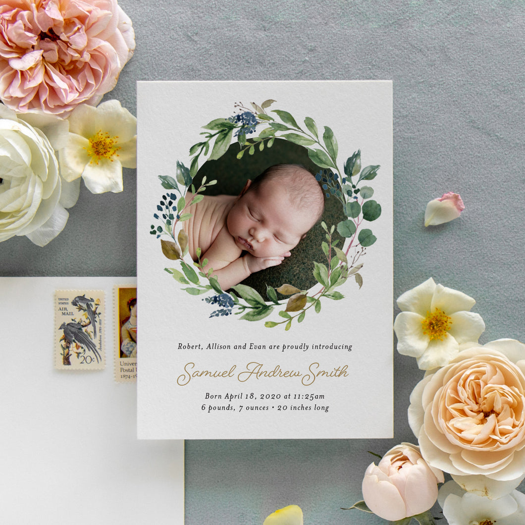 Greenery Wreath Birth Announcement